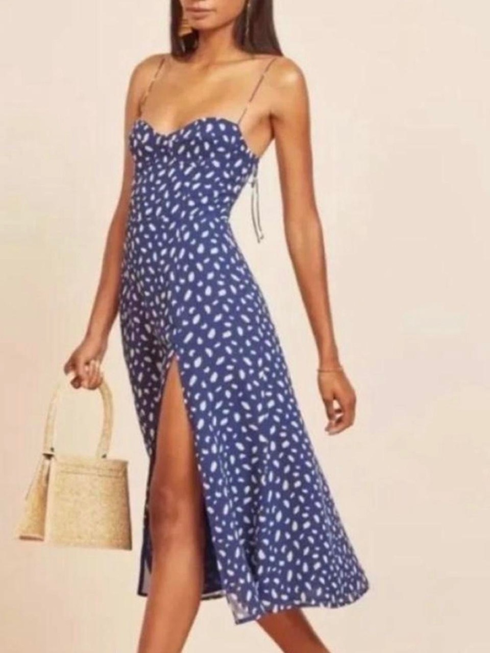 Reformation Blue Spotted Midi Slip Dress with Front Slit